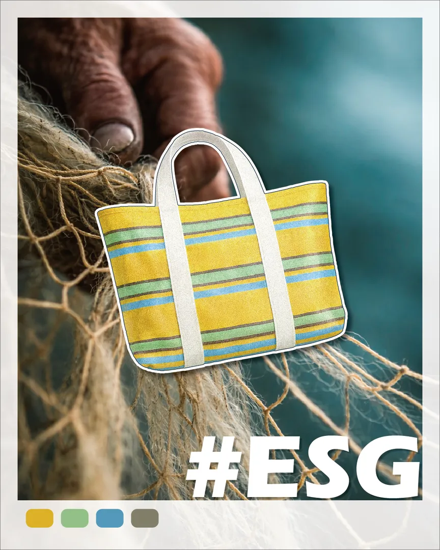 #ESG 色票：茄芷袋插畫，背景是漁人手中的舊漁網